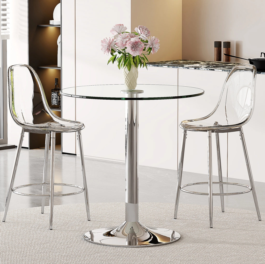 Tavolo bar 89 cm con 2 sgabelli trasparenti, vetro e metallo, per cucina piccola