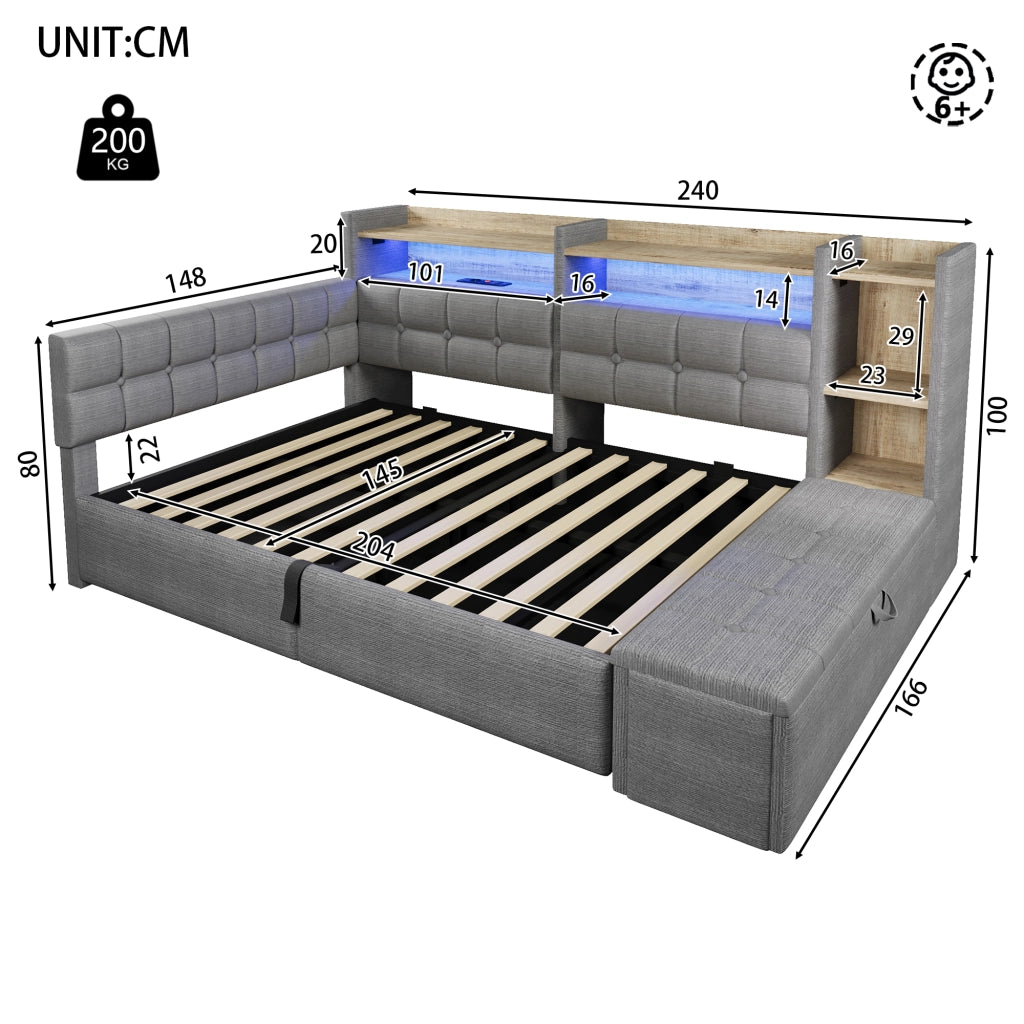 Daybed in velluto 140x200 cm con accumulo idraulico LED e USB-C - Grigio scuro