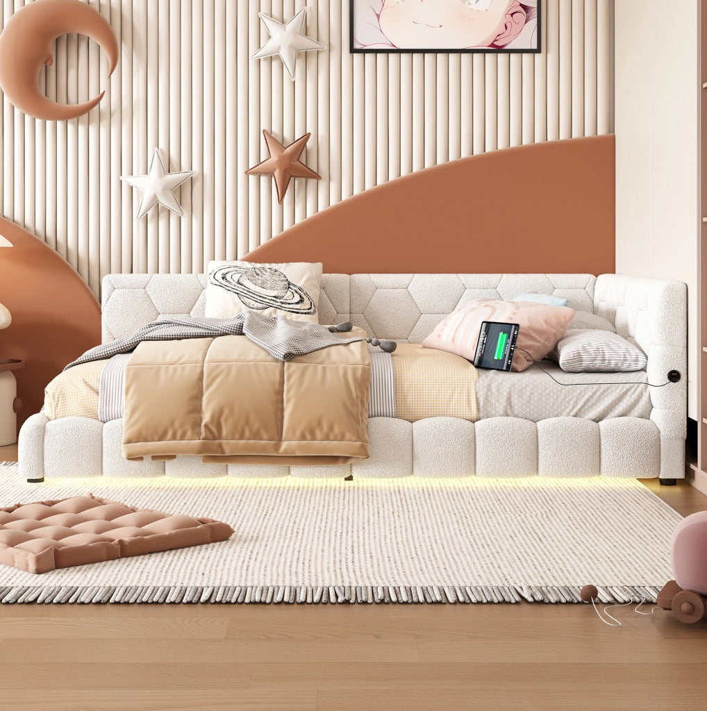 Divano letto Daybed 90x200 cm bianco con LED, USB e Type-C