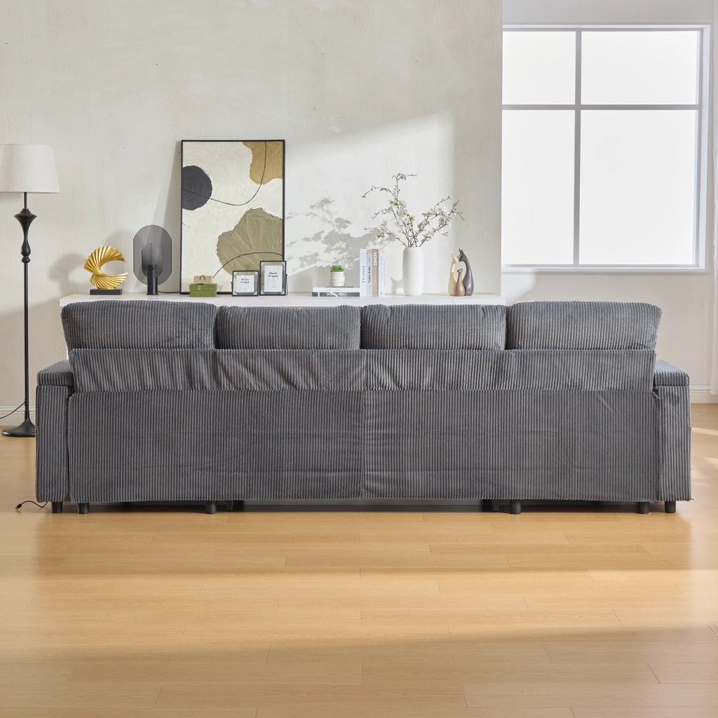 Divano a 4 posti in corduroy grigio carbone con doppia chaise longue, contenitore, USB-C e portabicchieri