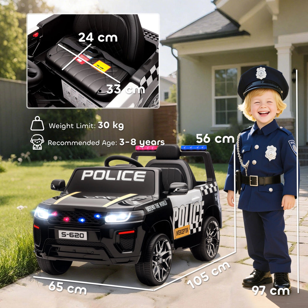 Macchina Elettrica per Bambini Polizia con Telecomando Doppio Motore 12V con Sirena e Fari Nero
