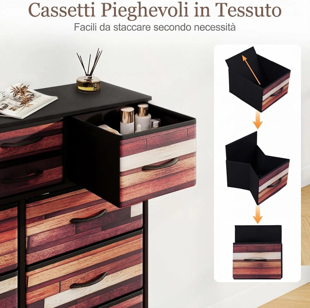 Cassettiera in Tessuto, Comò Salvaspazio a 14 Cassetti di 3 Dimensioni, Struttura in Metallo, Marrone Vintage e Nero, per Camera da Letto, Ingresso e Soggiorno (85 x 30 x 120 cm)
