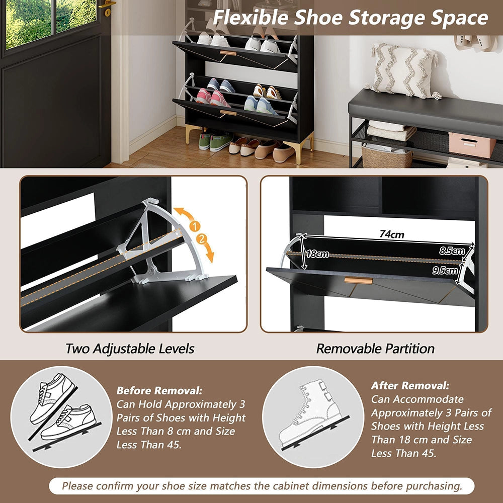 Armadio porta scarpe 2 ante 80x25x117 cm - Xylo - 4 scomparti, 2 ripiani aperti, piedi rialzati, MDF e metallo