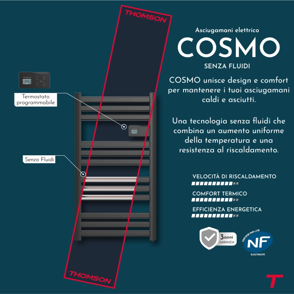 Scaldasalviette elettrico Thomson senza fluido, connesso al WiFi, con ventola da 500 W, nero cosmo
