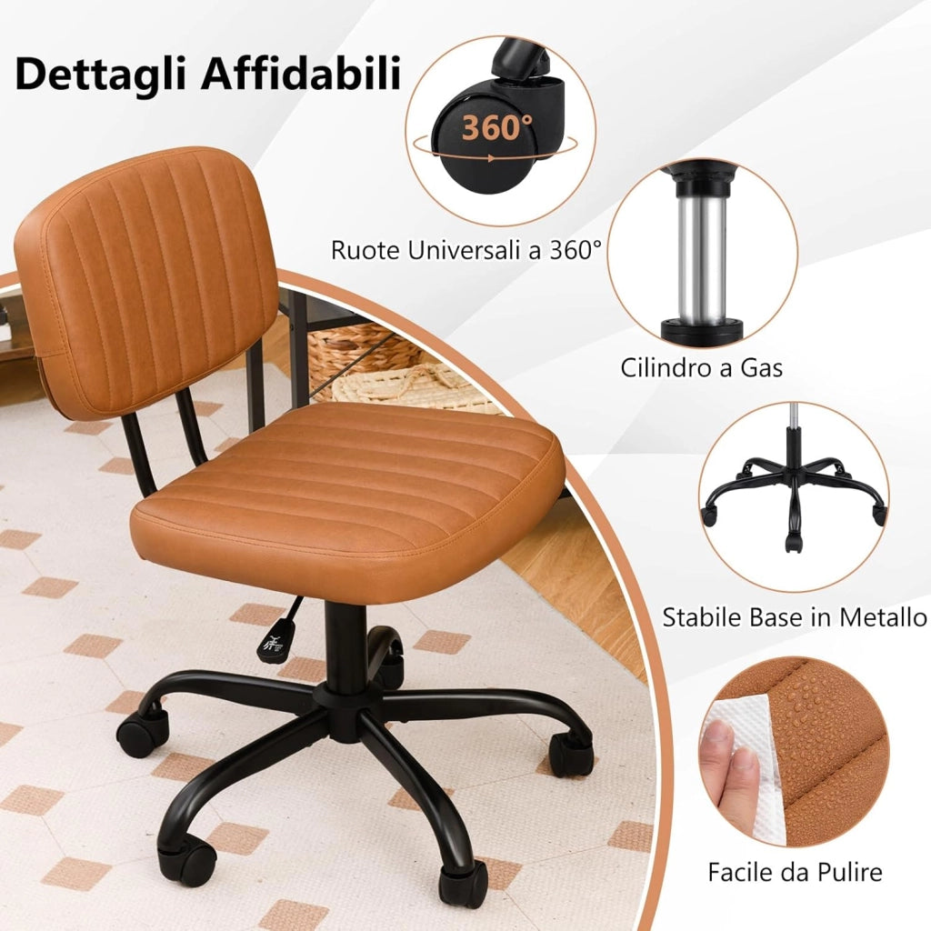 Sedia da Ufficio, Sedia da Scrivania senza Braccioli con Ruote, Altezza Regolabile con Rotazione a 360°, Sgabello per Scrivania con Ruote, Portata 135 kg