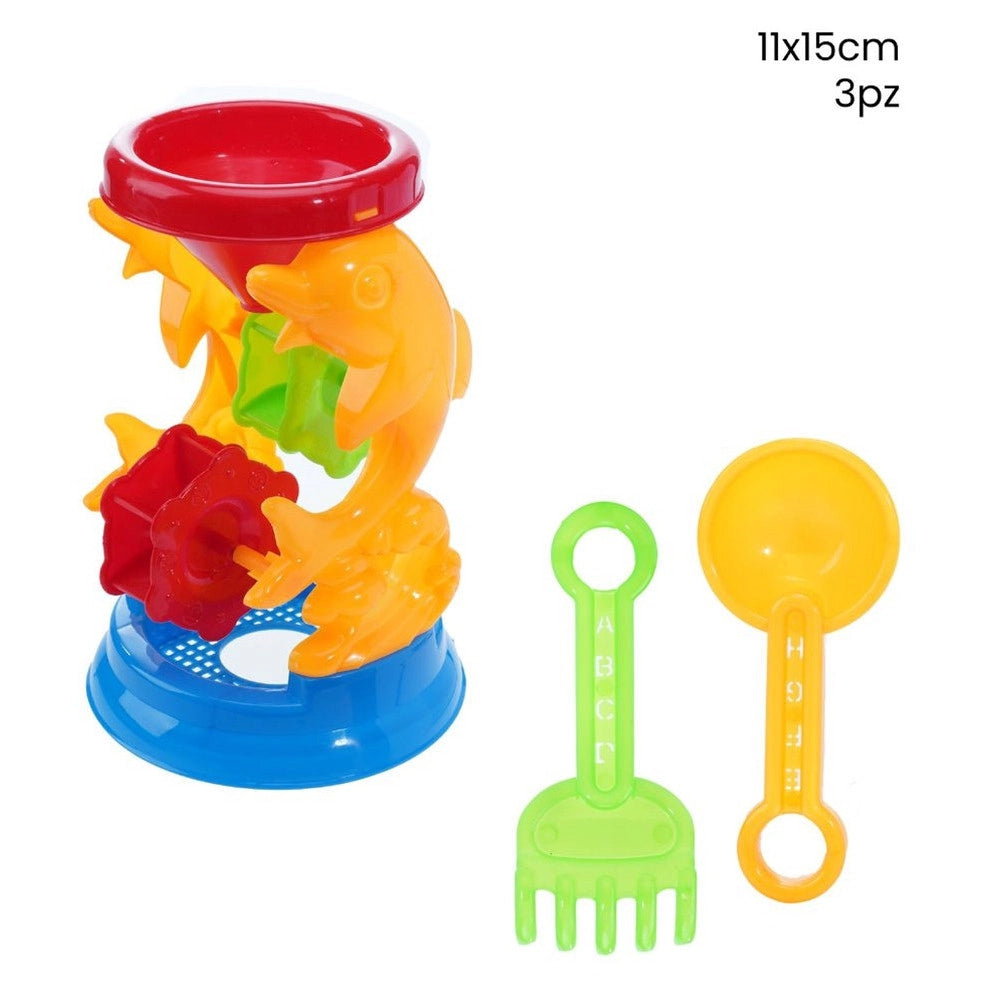 Trade Shop - Set 3 Pz Gioco Da Spiaggia Mare Con Mulino A Delfini Paletta Rastrello 11x15cm 258278 -