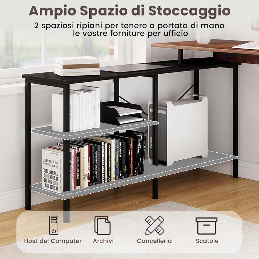 Scrivania Angolare Salvaspazio, Scrivania ad Angolo Gaming con Piano Regolabile in Lunghezza e 2 Ripiani Portaoggetti, Scrittoio Reversibile per Studio e Ufficio, 135x120x74,5cm