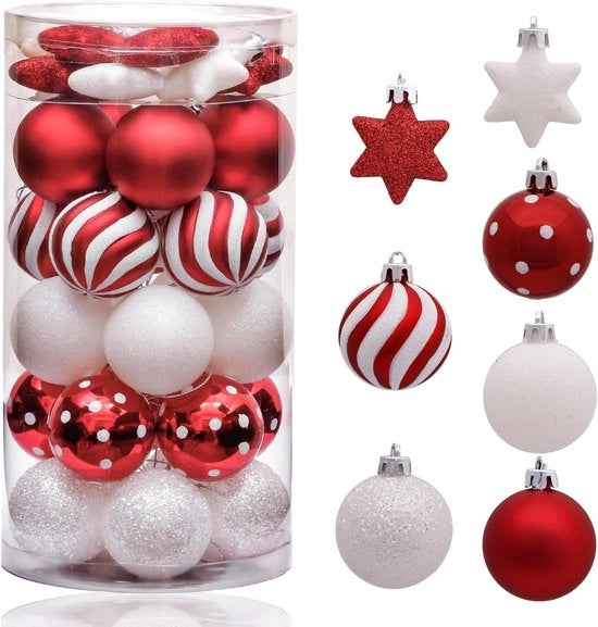 Disegno di palline natalizie - Rood e bianco - 35 pezzi - Resina - Decorazione di Natale per albero - Sospeso - Ornamento decorativo per festa.