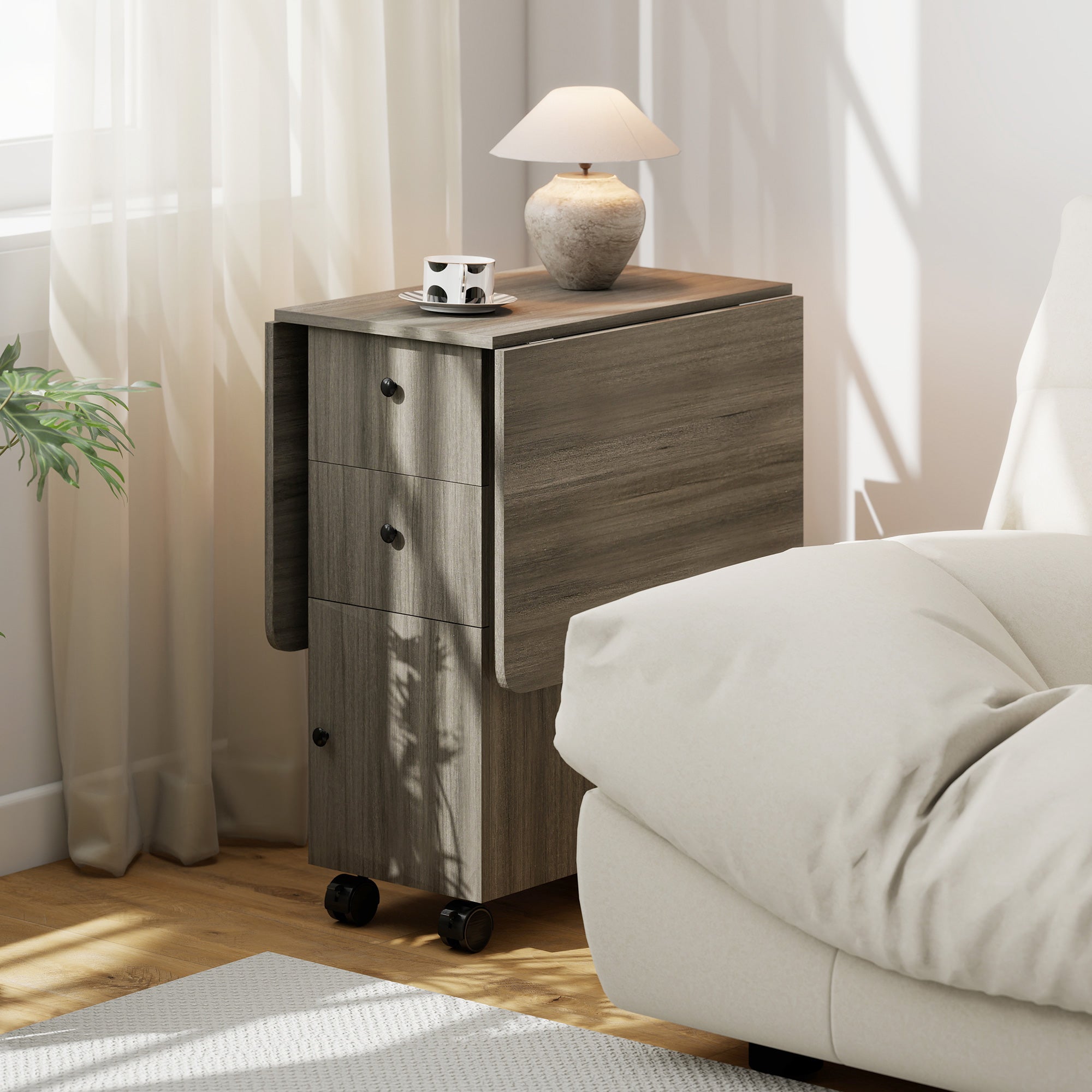 Tavolo Salvaspazio a Ribalta 120x60x76,5 cm con Armadietto e Cassetti Rivestimento in Melamina Grigio