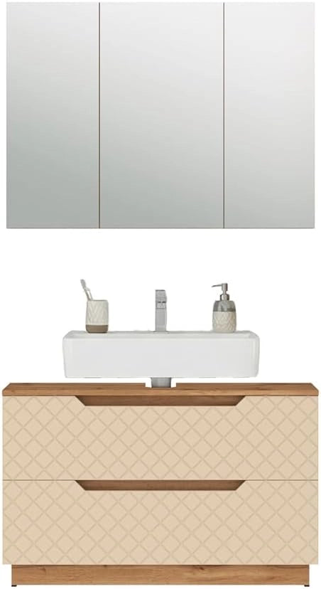 Set di mobili da bagno Lotta, Rovere/cashmere con struttura in piastrelle, 2 parti