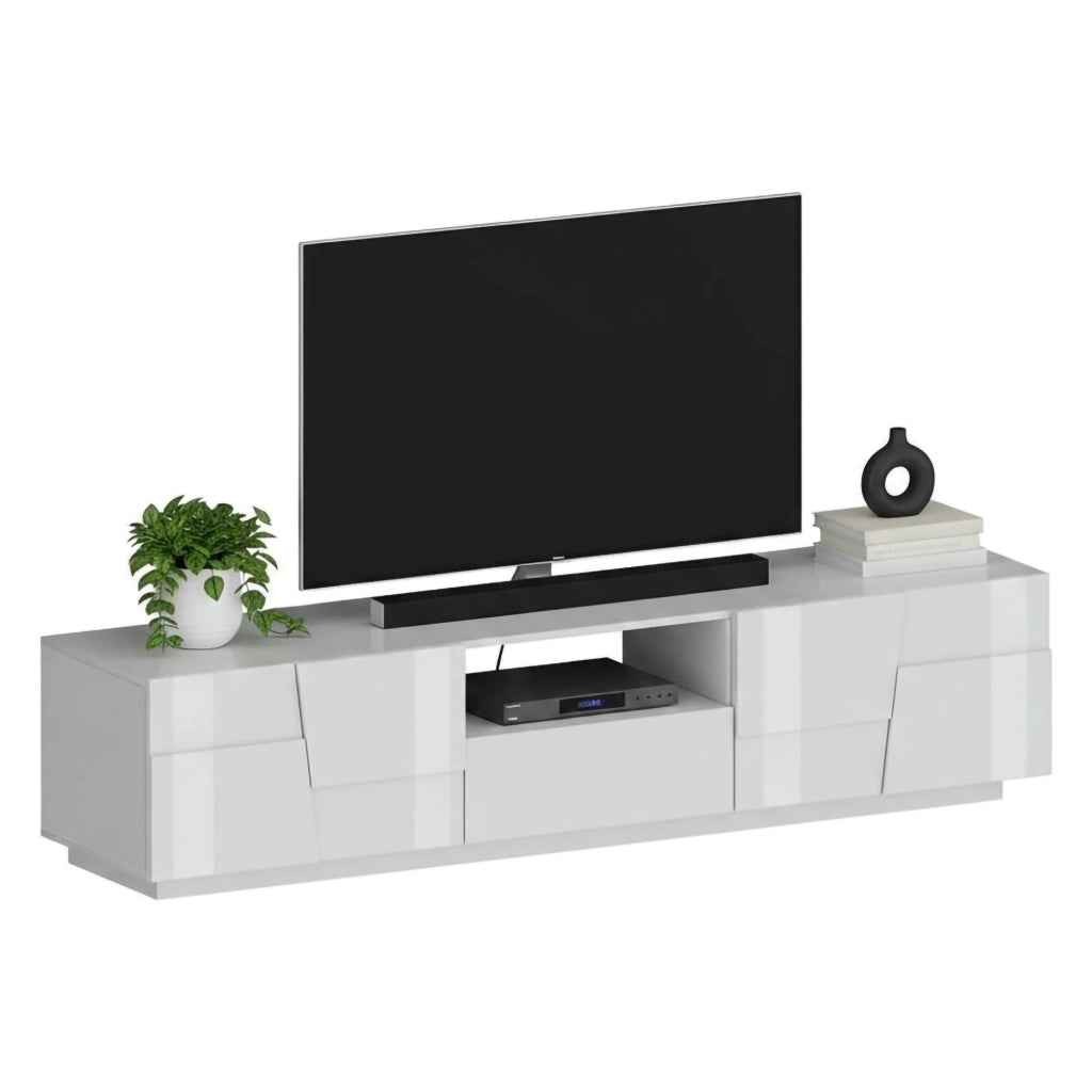 Mobile porta TV Maestrale, Credenza bassa da soggiorno con 4 ante e 1 cassetto, Base porta TV, 220x44h46 cm, Bianco lucido