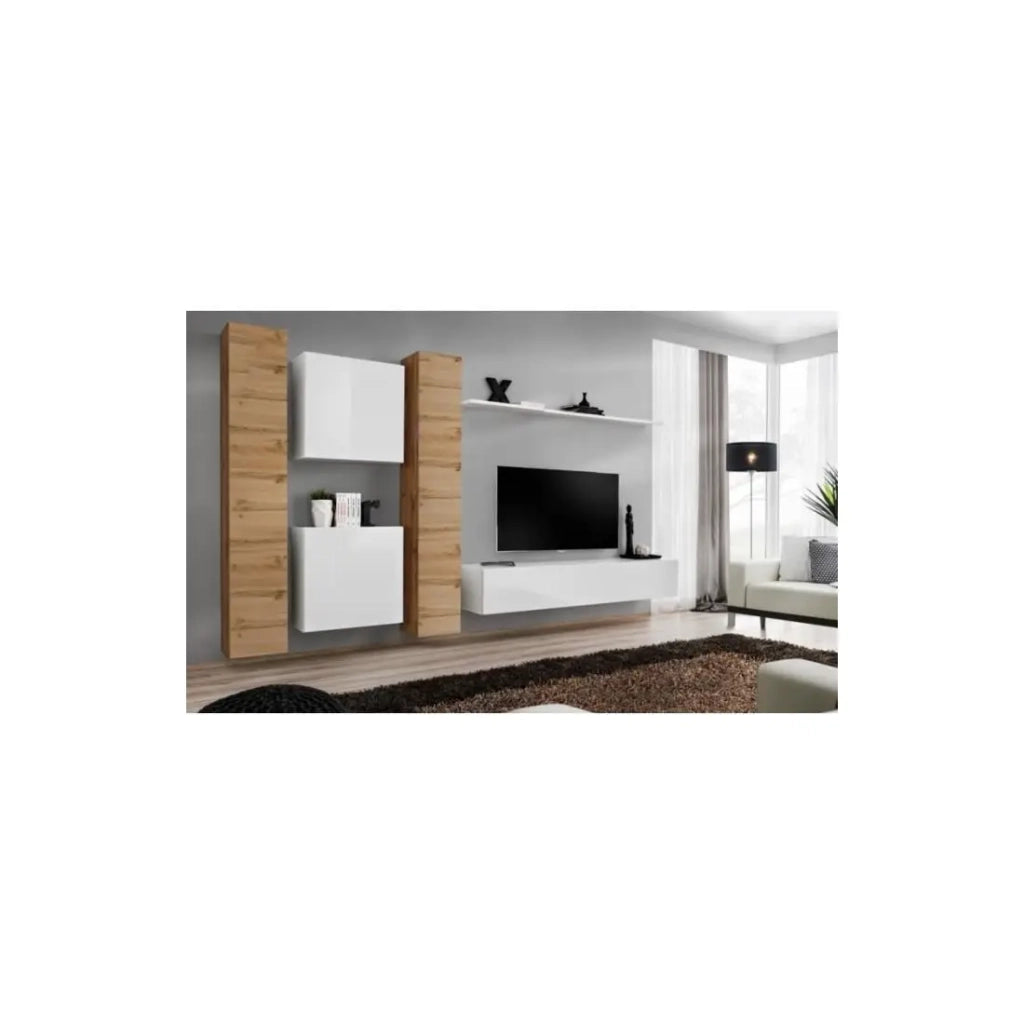 Set di mobili da salotto da parete SWITCH VI design, colore bianco lucido e rovere Wotan.