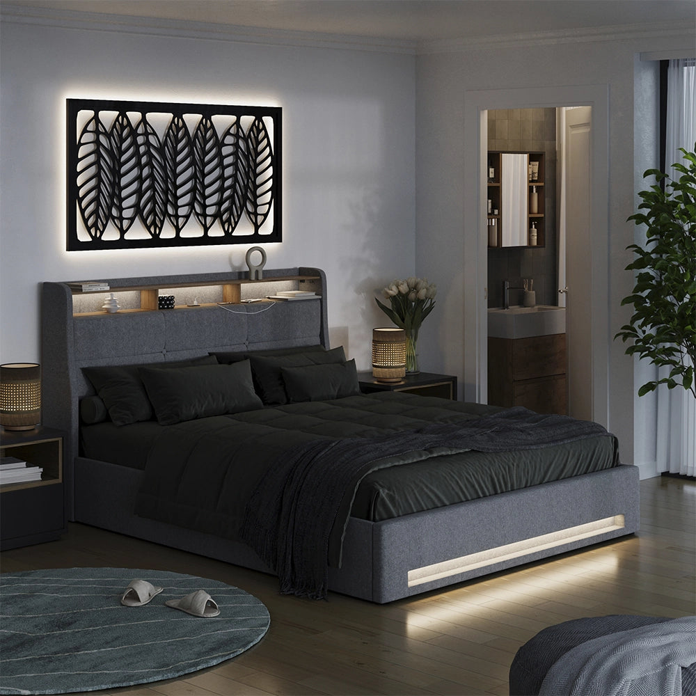 Vitalispa Letto imbottito Grigio/quercia 160x200 con LED, porta USB e materasso