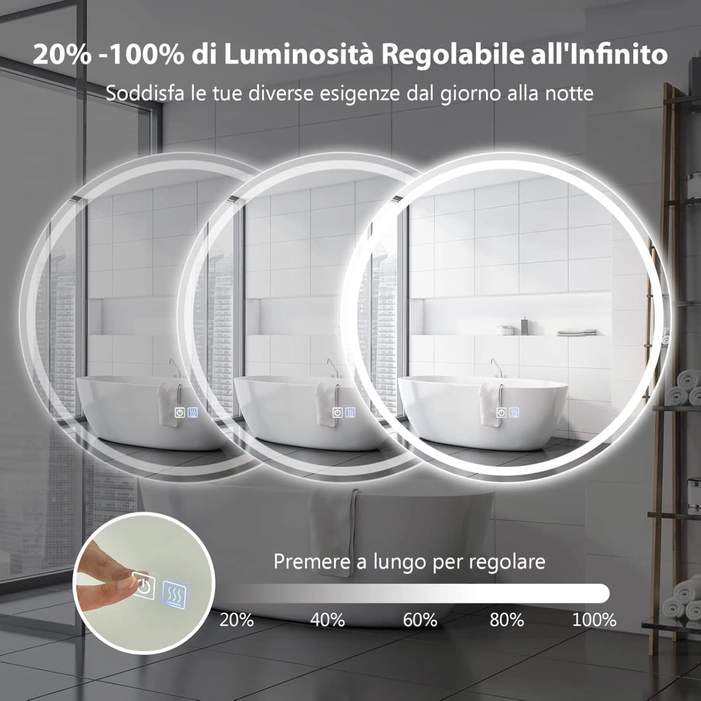 Specchio Bagno con LED, Specchio da Parete IP44 con Luce Regolabile 3000-6000k a 3 Colori, Telaio in Alluminio e Funzione Disappannamento per Paccucchiere e Camerino (Rotondo Ø 60cm)