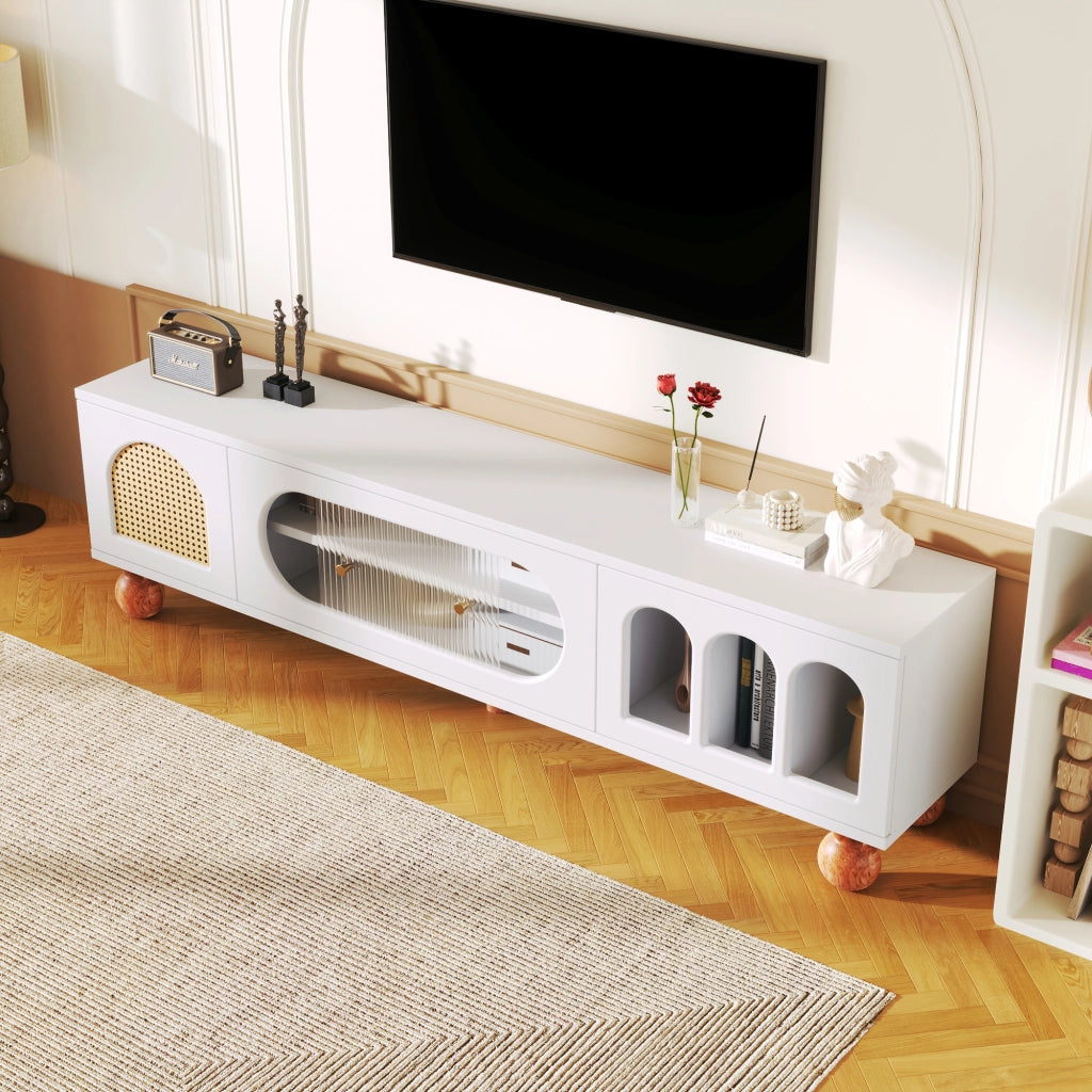 OKWISH Mobile TV con Ante Decorative e 3 Vani Aperti, Anta Scorrevole in Vetro, per Soggiorno, 170 x 47 x 37 cm