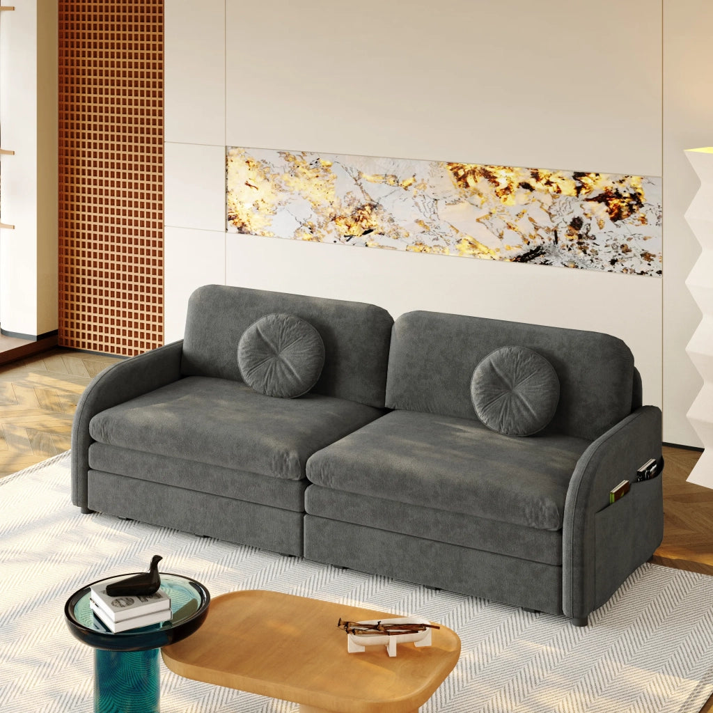 Divano letto 3 posti estraibile King-Size 206 cm, chenille grigio, funzione sonno 3-in-1, cuscini sfoderabili e tasche portaoggetti laterali