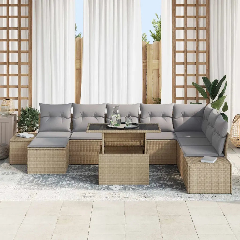 Set Divano da Giardino 9 pcs Beige e Grigio Chiaro polyrattan