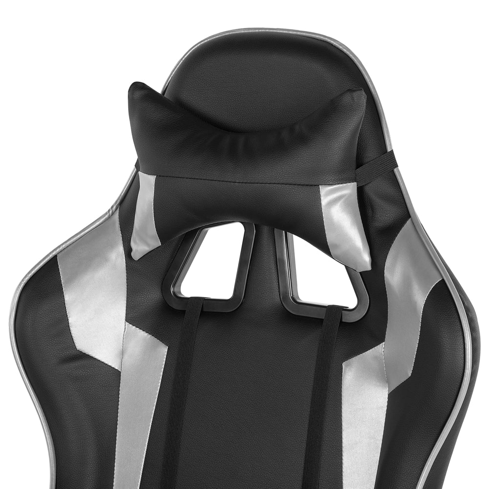 Sedia da gaming girevole in pelle sintetica nera e argento regolabile in altezza