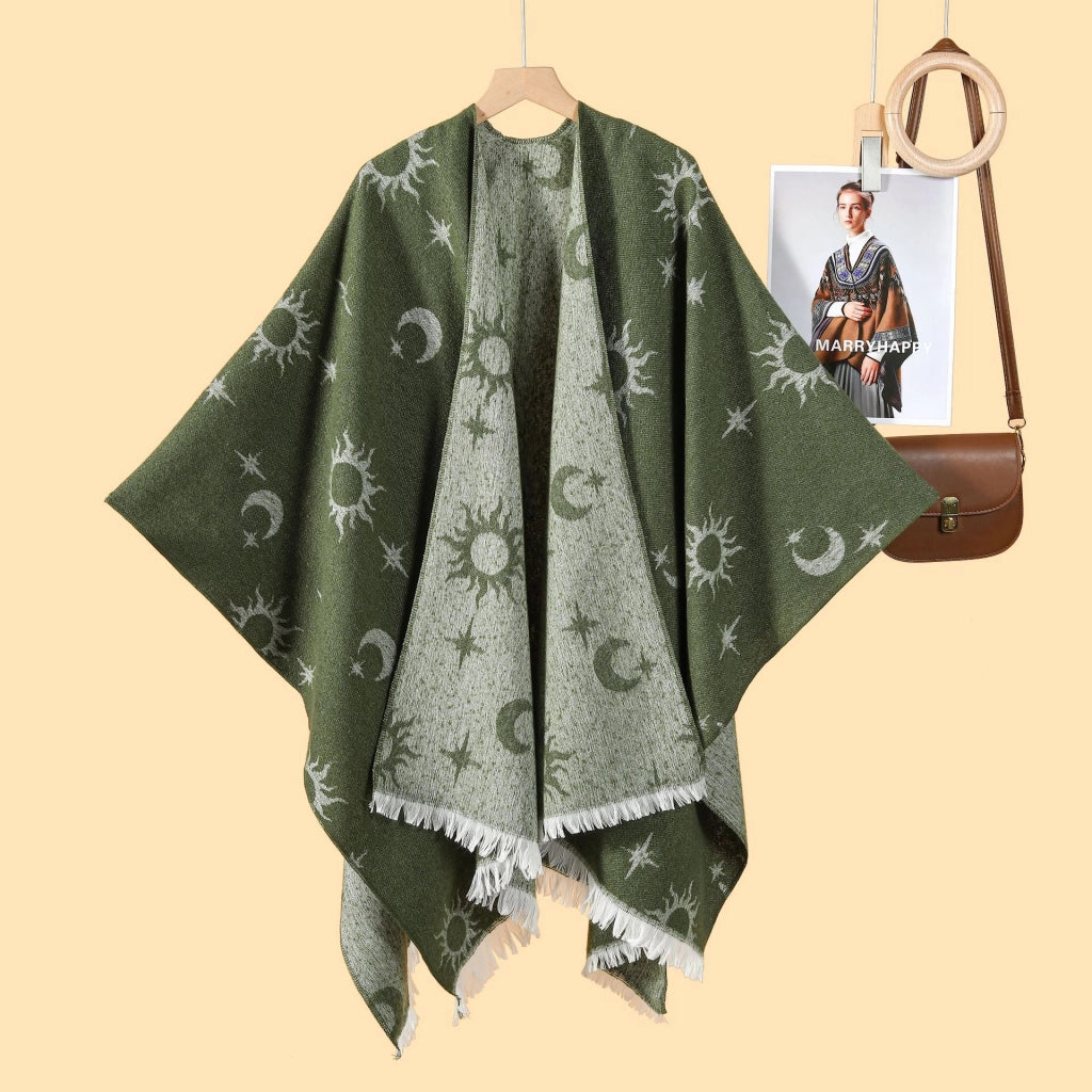 Nuovo scialle caldo da donna in jacquard con nappe a doppio lato e spacco