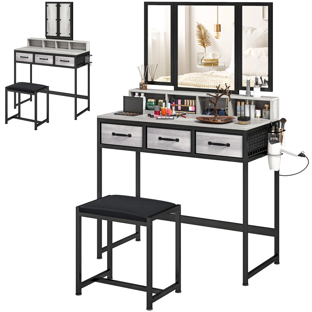 Cassettiera da trucco con specchio trittico e sgabello ¨C zephmum ¨C grigio tessuto 3 cassetti