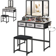 Cassettiera da trucco con specchio trittico e sgabello ¨C zephmum ¨C grigio tessuto 3 cassetti