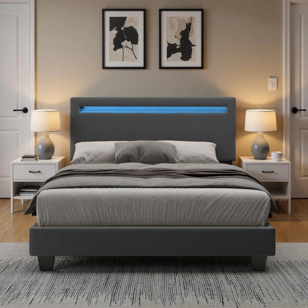 Letto imbottito 120x200cm con luce LED, Letto a piattaforma imbottito, Struttura in ferro, Testiera imbottita, Bse robusta, Adatto per camere degli ospiti (Grigio scuro)