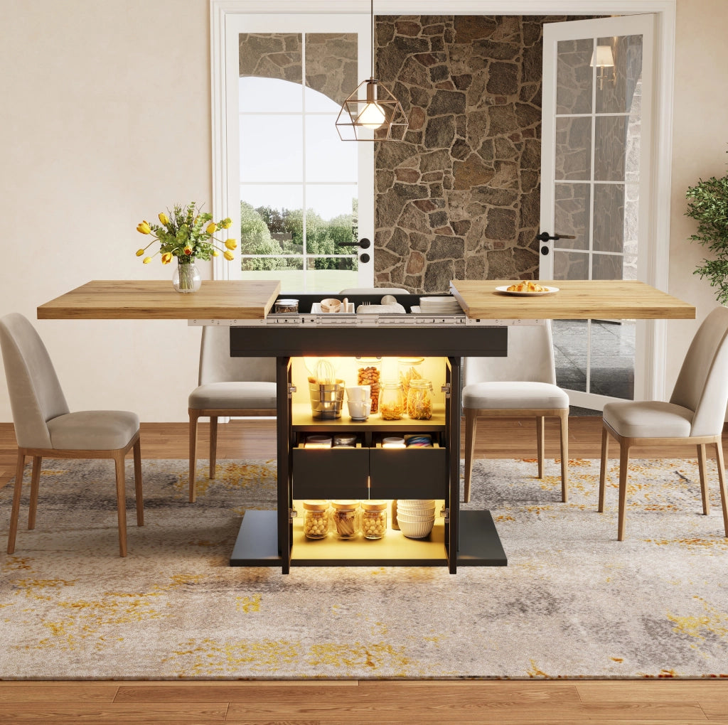 Tavolo da pranzo allungabile nero con LED RGB e contenitore