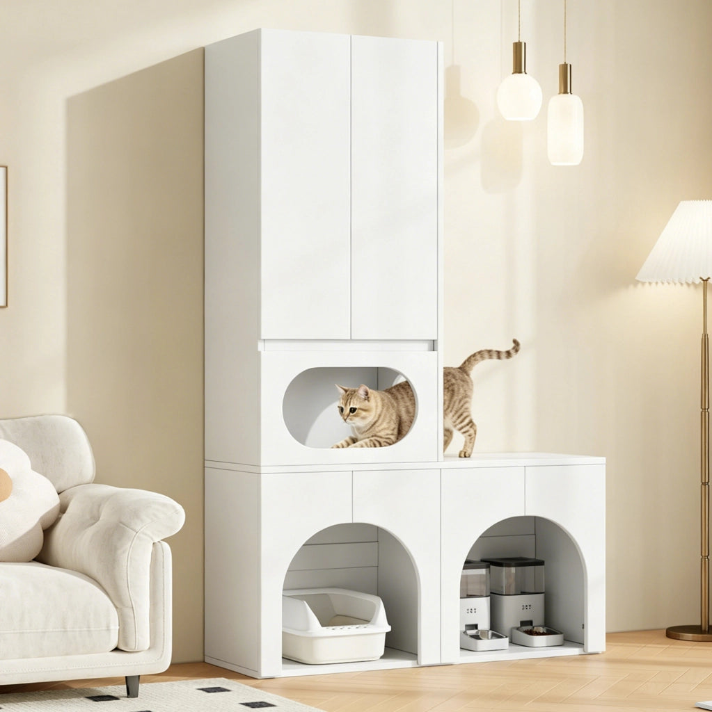 Mobile per lettiere per gatti con cuccia, bianco