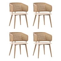 Set di 4 sedie da pranzo con schienale in rattan, cuscino della seduta in pelle PU, 51x 54x79 cm, Marrone Beige