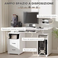 Scrivania per PC con Ripiano per Tastiera e per Monitor e 2 Cassetti, 120x55x85 cm, Bianca