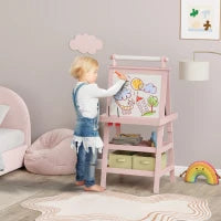 Lavagna per Bambini con Cavalletto 3 in 1, Rotolo di Carta e 2 Contenitori, in Legno, 59x48x118 cm, Rosa