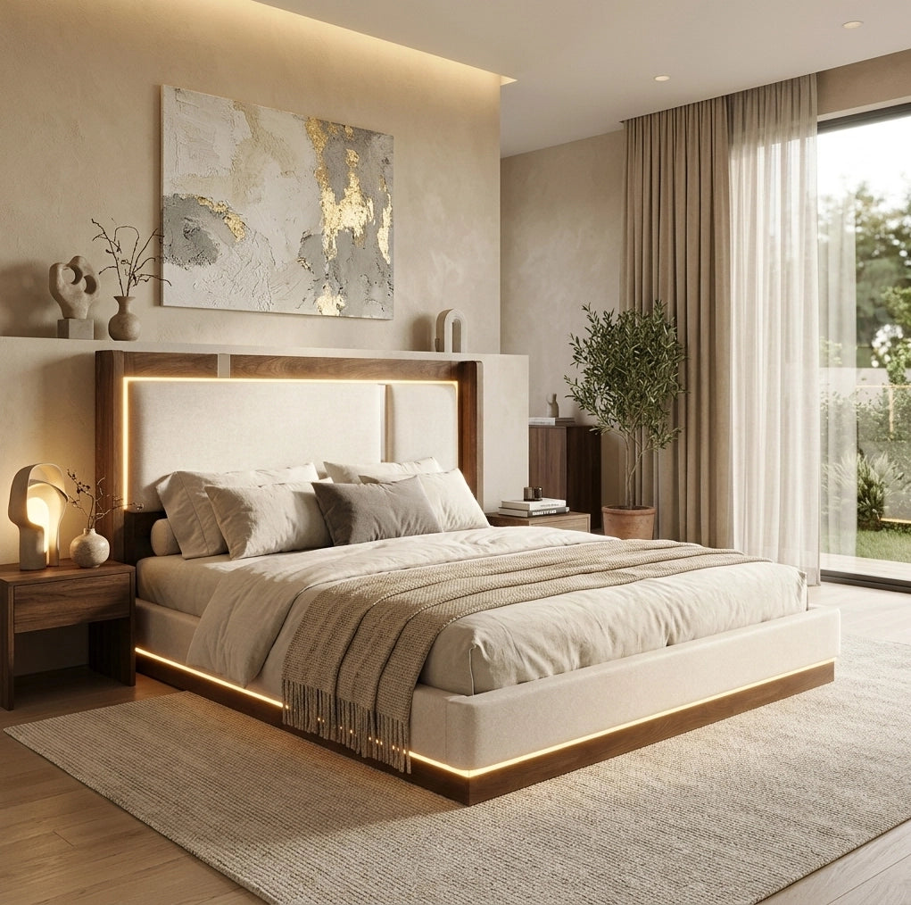 Letto matrimoniale 140x200 cm con contenitore; LED e testiera imbottita in lino beige e noce
