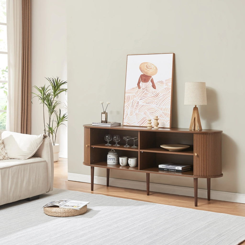 Mobile Contenitore Mapia con Ante Scorrevoli Credenza Bassa Madia 166x40x70 cm Effetto Noce [en.casa]