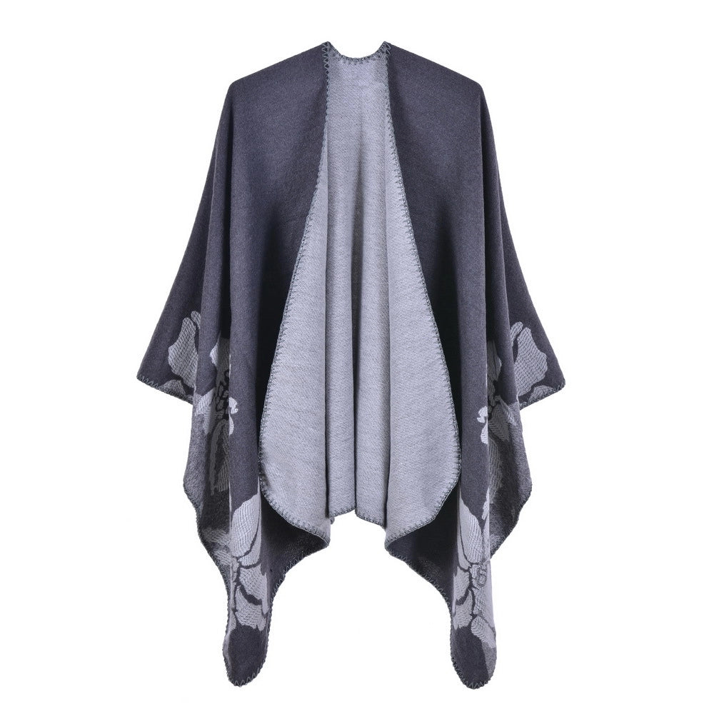 Nuovo scialle/mantella in jacquard di cashmere alla moda con spacchi, spesso e ampio, da donna.