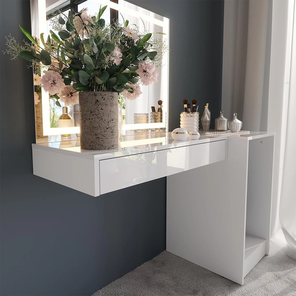Tavolo da toeletta Sherry, Bianco/bianco lucido, 120 cm 3 parti, con illuminazione LED e grande specchio per la cura quotidiana