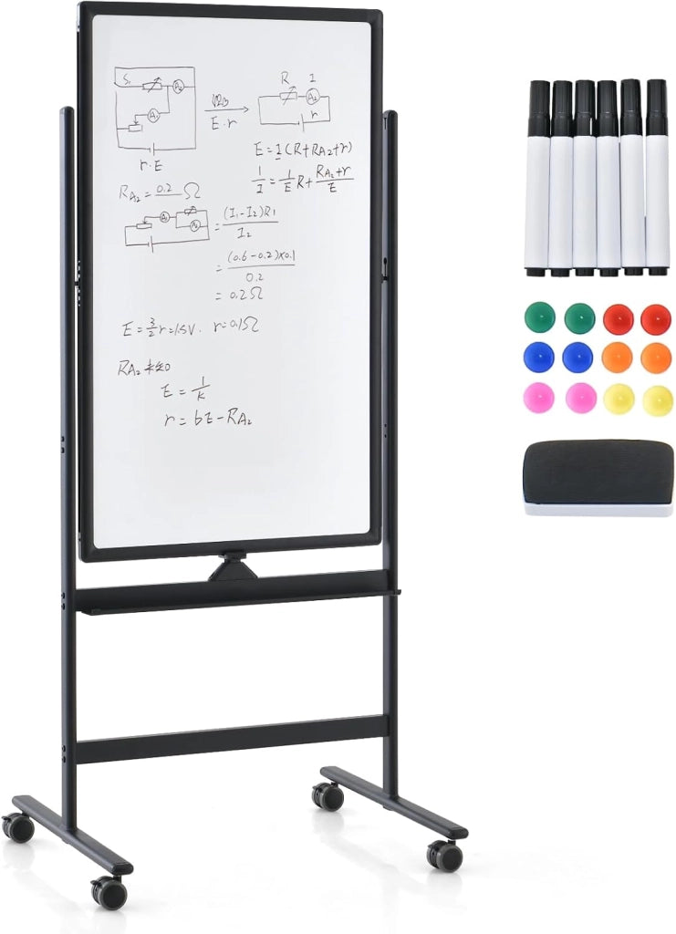 Lavagna bianca mobile double face, 60 x 90 cm, lavagna magnetica su gambe regolabile in 2 altezza, cancellabile a secco, pennarelli neri, cancellatore, magneti (nero, 60 x 100 cm)