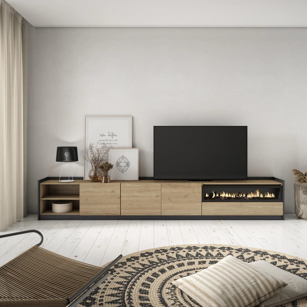 Mobile TV Soggiorno, 310x50x37 cm, Per TV fino a 80", Camino elettrico, Rovere e nero