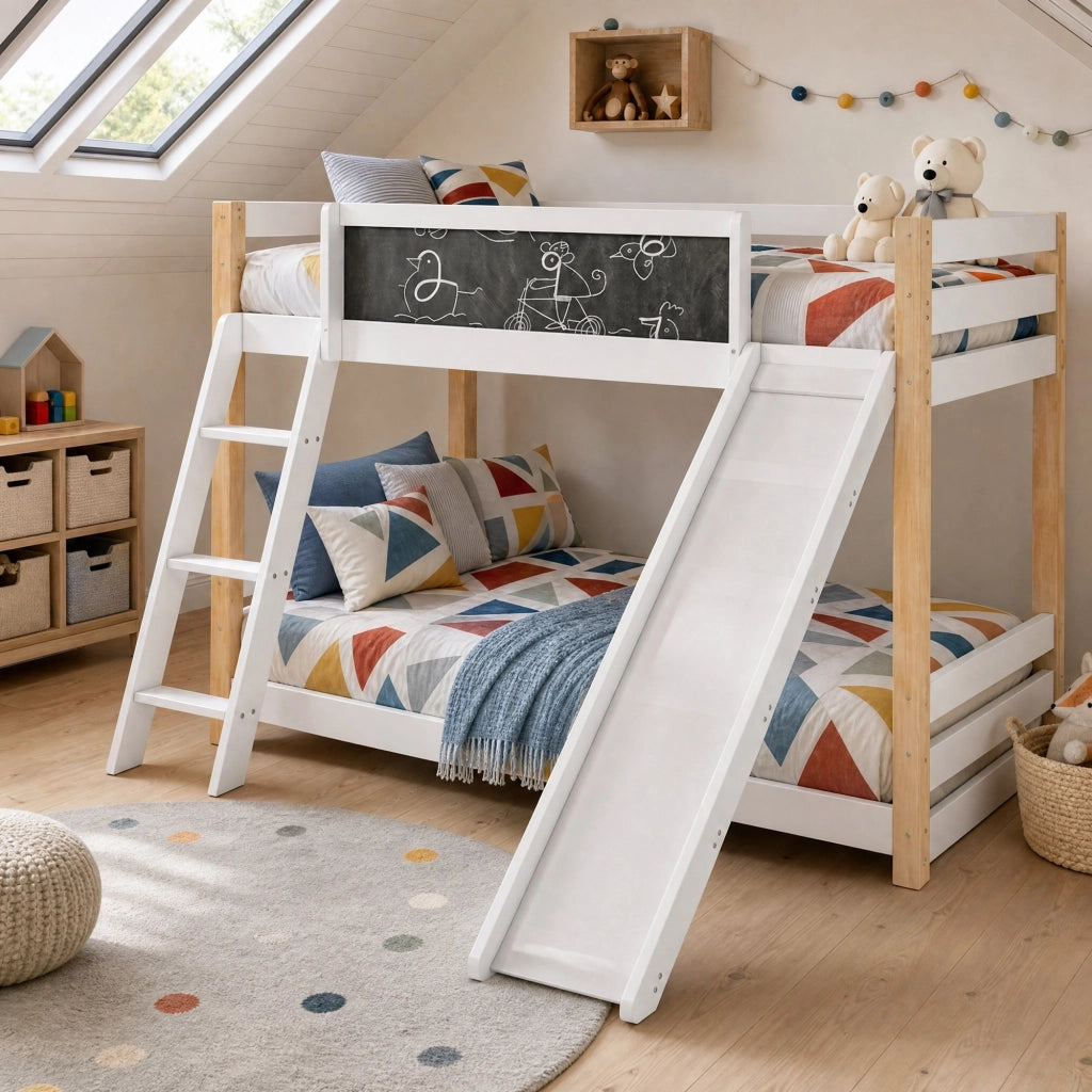 Letto a castello per bambini con scivolo e scala; 90x200 cm; bianco
