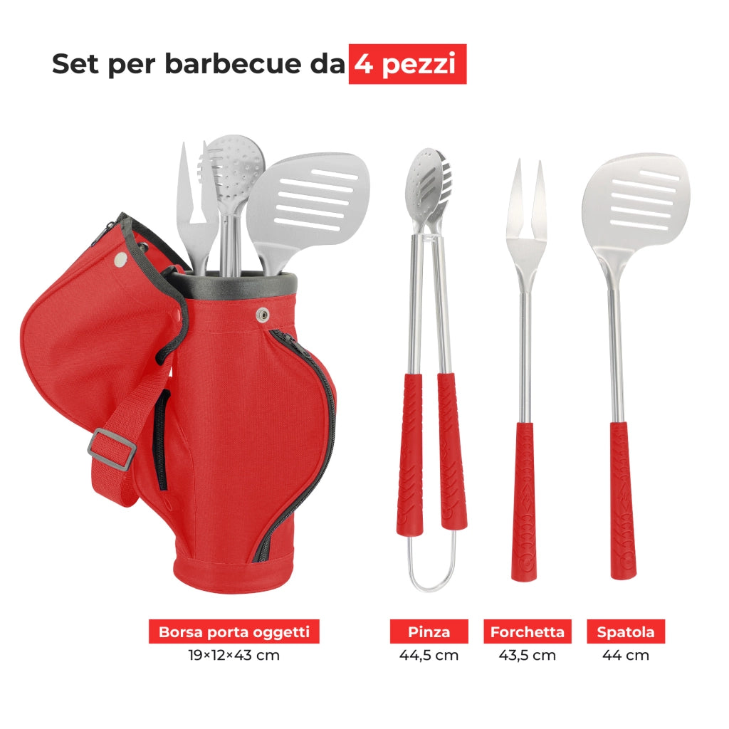Set Accessori Barbecue 4 Pezzi con Borsa Porta Utensili Stile Golf – Utensili BBQ Pinza, Forchettone, Spatola in Acciaio Inox 430 Certificato per Alimenti – Manico Antiscivolo con Custodia e Tracolla