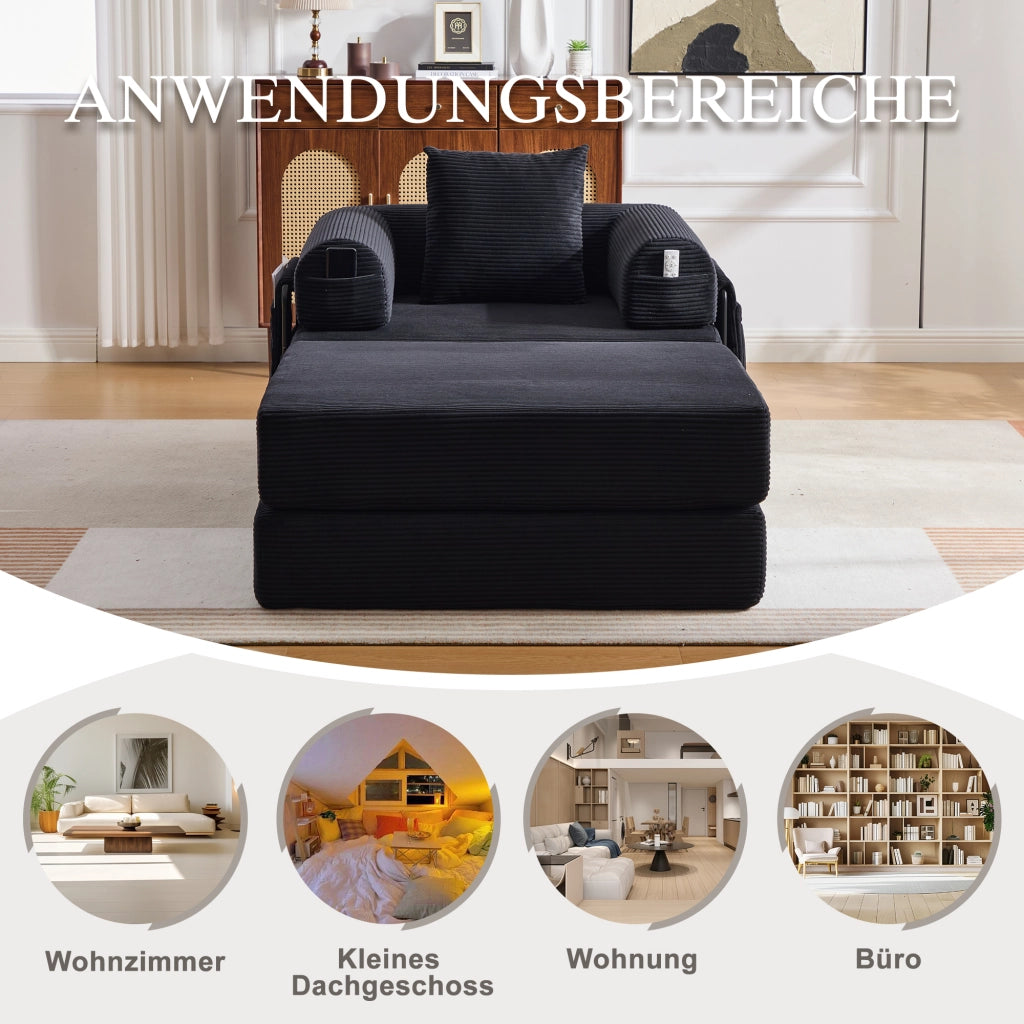 DIVANO Modulare 112x190x67 cm in tessuto a coste Nero con cuscino e pouf
