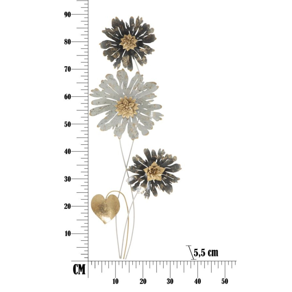 Pannello decorativo da parete Simply con tre fiori in ferro nero, argento e oro 35x88 cm
