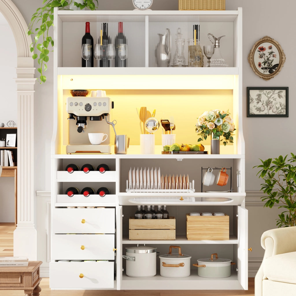 Credenza alta da cucina LED con 2 ante scorrevoli in vetro; 3 cassetti e ripiani regolabili; bianco; 120 × 40 × 180 cm