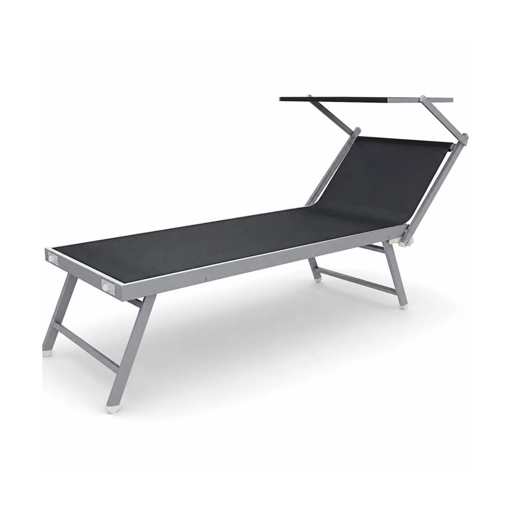 Lettino Sdraio Prendisole Professionale Richiudibile In Alluminio E Textilene con Tettino Parasole Orientabile Lettino Relax Mare Spiaggia Piscina Giardino Solarium 182 x 60 x 38 Cm Nero