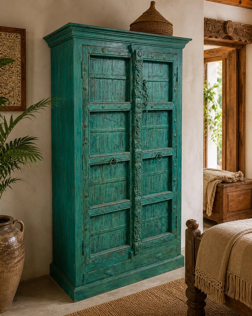 Armadio legno artigianale blu 113x43x193h cm