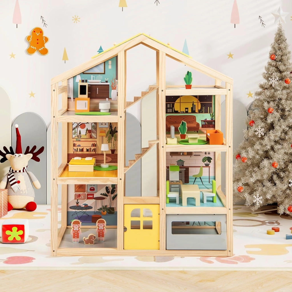 Casa delle Bambole in Legno, Casa Bambole con 4 Piani, 7 Stanze, Garage e Scale, Casetta Giocattolo Educativo con 18 Mobili Accessori e 3 Figure, per Bambini 3+ Anni, 60 x 30 x 75 cm