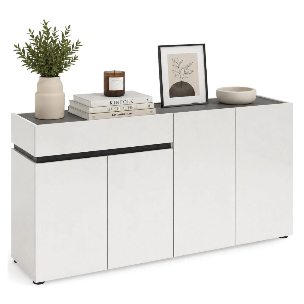 Madia Beinette, Credenza 2 Ripiani Made in Italy, 160x42x80h cm Bianco Lucido