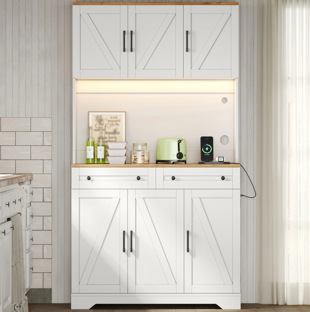 Mobile da cucina 100x40x180 cm con LED RGB; prese USB e 2 cassetti in MDF naturale e bianco