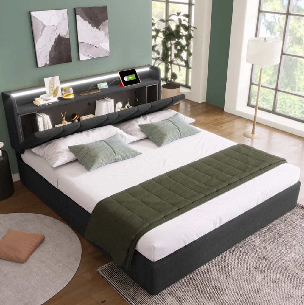 Letto matrimoniale 160x200 cm con LED, USB e contenitore
