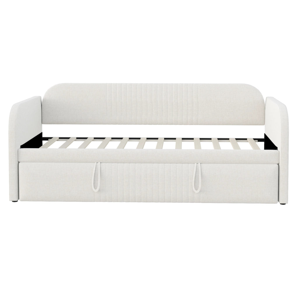 Divano letto imbottito estensibile 90/180 x 190 cm in lino beige; con rete a doghe