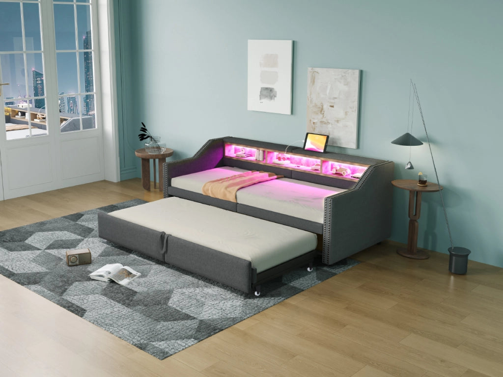 DESMIU Lit divano 90 × 200 cm et 180 × 200 cm 2 posti con ripiani, LED, USB, senza materasso, in lino, grigio scuro